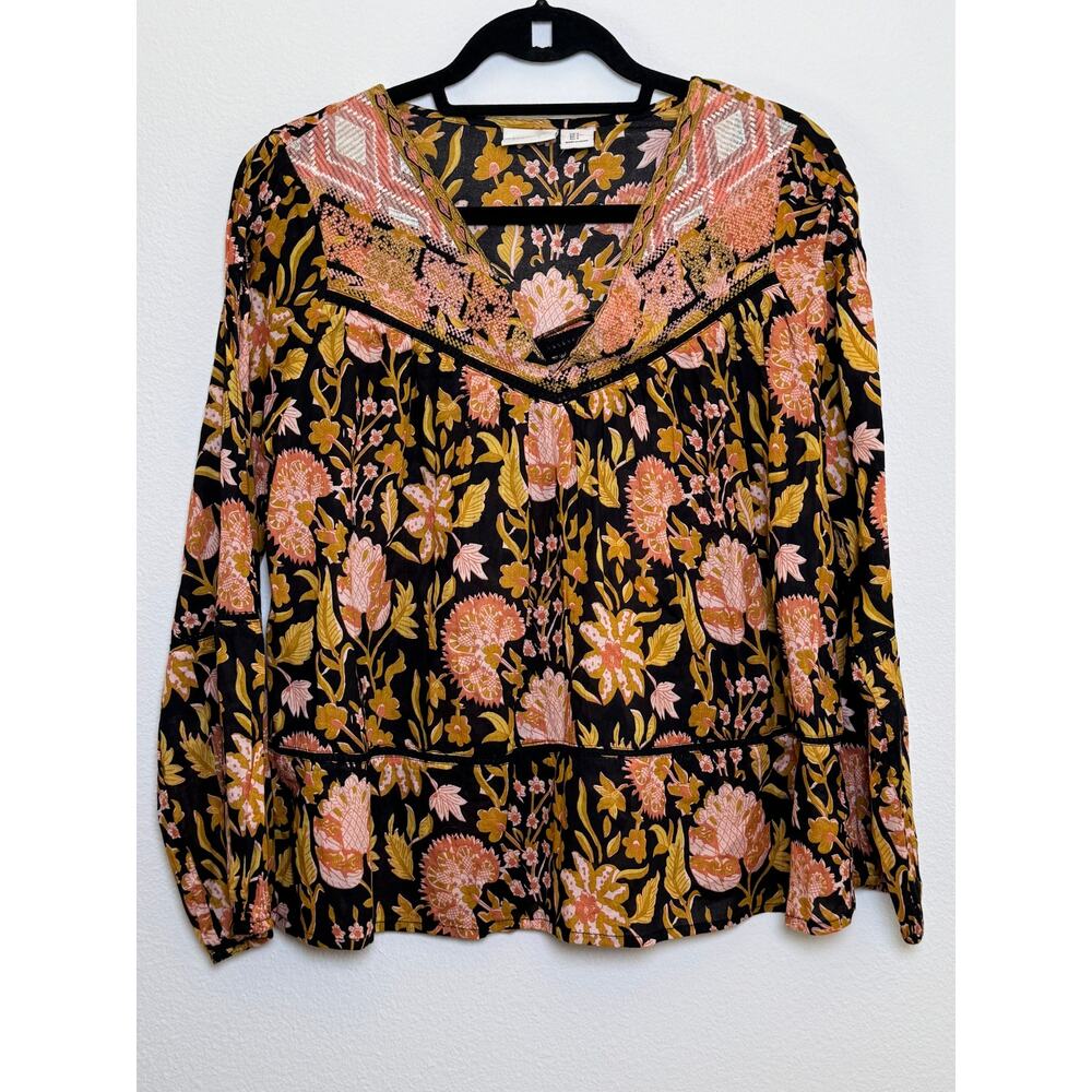 Rachel Zoe Black Floral Embroidered Boho Blouse Small Bohemian